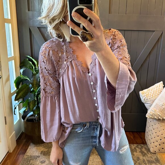 Cotton Blouse 3/4 Sleeve Button Front Floral Purple Top - Picture 8 of 8